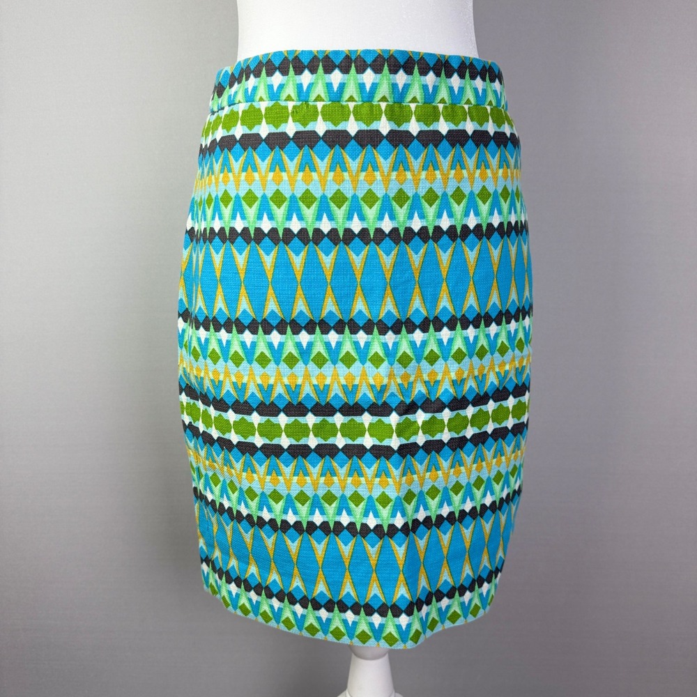 J. Crew Pencil Skirt Geometric‎ Print Blue Green Yellow Womens